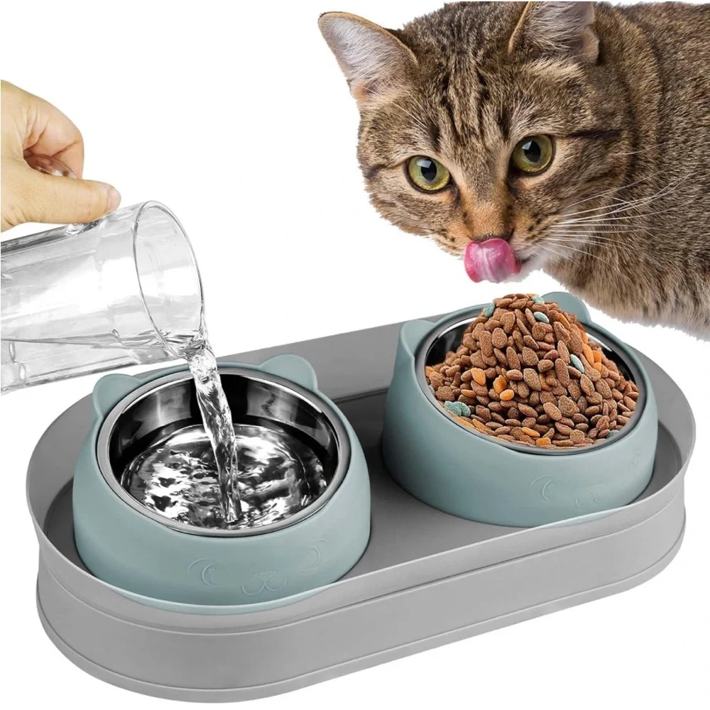 Elevated Cat Food Bowls, Raised Cat Bowl with Stand Stainless Steel, Tilted